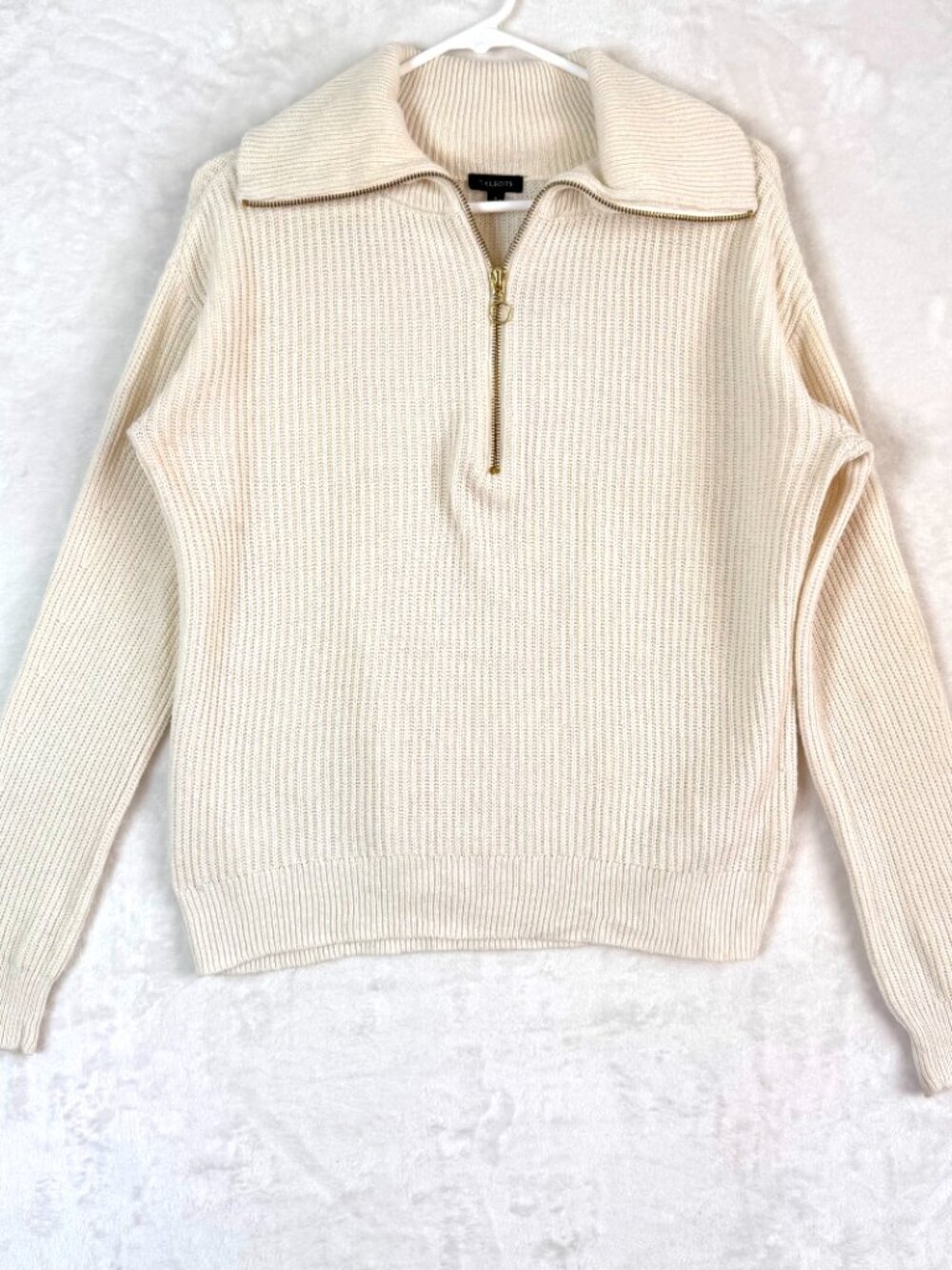 TALBOTS Cotton Wool Classic Collared Half Zip Ribbed Knit Sweater Womens S Cream